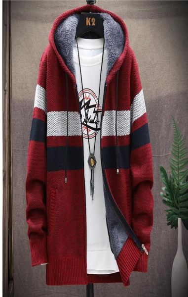 

winter warm thick fleec men039s knit sweaters jacket men trench coat casual knitted hooded cardigan zip plush color block coat 1214119, White;black