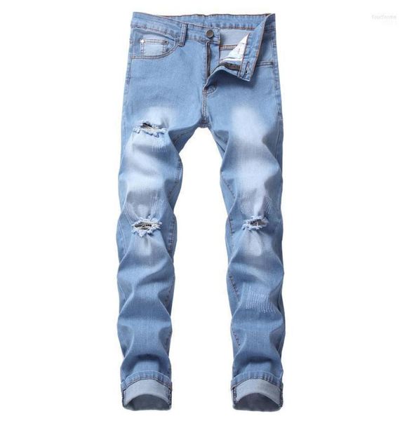 

men039s jeans hole slim stretch men ripped bleached full length distresses washed vintage male fashion denim trousers4024753, Blue