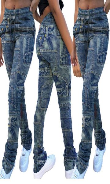 

imitation jeans print stacked sweatpants leggings women drawstring streetwear patchwork colored pants high waist casual trousers w1351665, Black;white