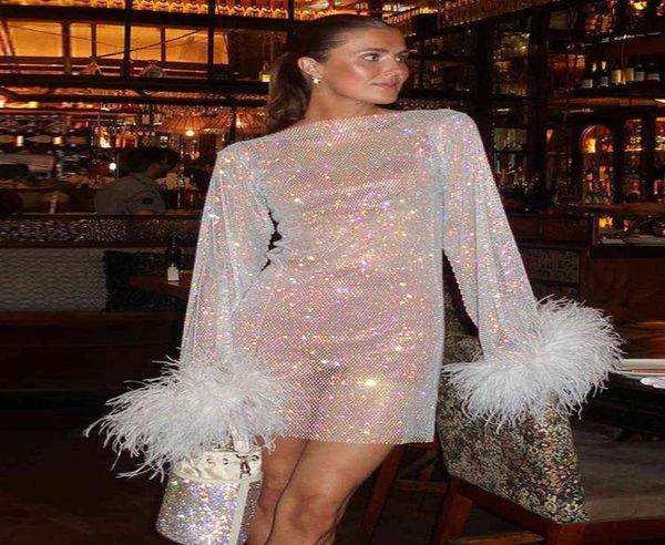 

mozision mesh tassel feather sleeve see through mini dress women fashion shiny transparent night club party dress clothes t221016475, Black;gray