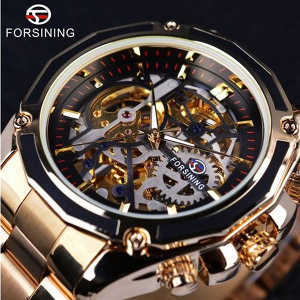 

forsining steampunk gear design transparent case automatic watch gold stainless steel skeleton luxury men watch brand luxury w3039, Slivery;brown