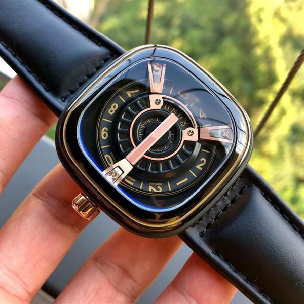 

2020 new fashion grade mens luxury designer quartz seven f watches genuine leather strap square men wristwatches montres de mo2831, Slivery;brown