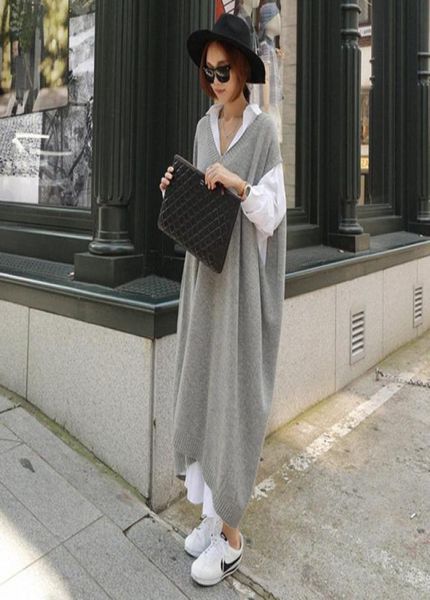 

2020 warm gray sweater dresses women oversize casual loose knitted dress ladies office work wear long dress robe longue9405650, Black;gray