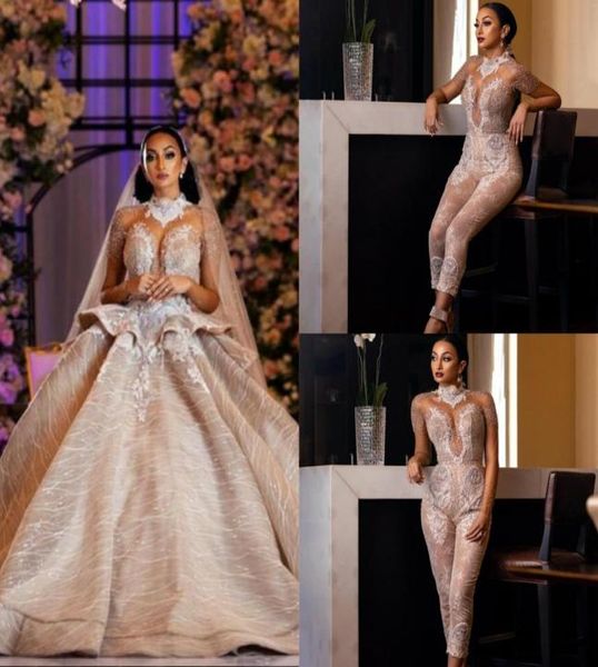 

champagne luxury arabic wedding dresses with detachable train corset long sleeve beaded plus size lace appliqued vintage bridal go3940654, White