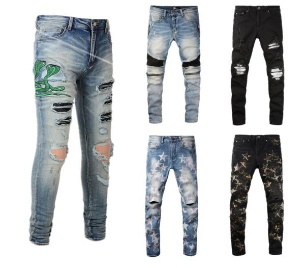

mens designer jeans embroidery of cobra distressed ripped biker skinny slim fit motorcycle bikers denim for men fashion hip hop hi5210250, Blue