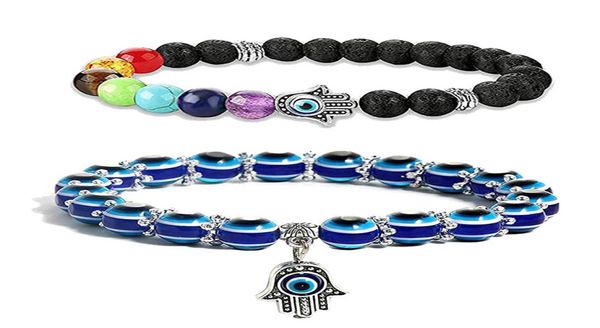 

2pcs set fashion evil blue eye acrylic beads chain bracelet for women turkish hamsa hand fatima palm 7 chakras volcanic stone bra6260899, Black