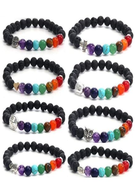 

handmade 8mm 7 chakras natural lava stone beads bracelet for men buddha head tree of life owl elephant charm bracelet fashion jewe4662461, Black