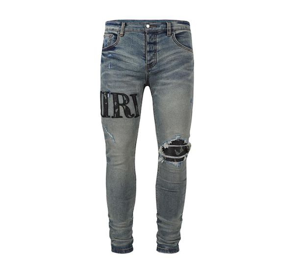 

mens jeans european and american street style washed with old design letters embroidered holes worn out by hand casual slim pants 6136874, Blue