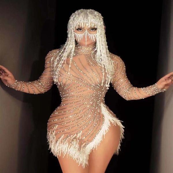 

latin dress mesh transparent pearl tassel stretch slit long sleeve prom birthday party outfit women singer dancer nightclub d231n, Black;red
