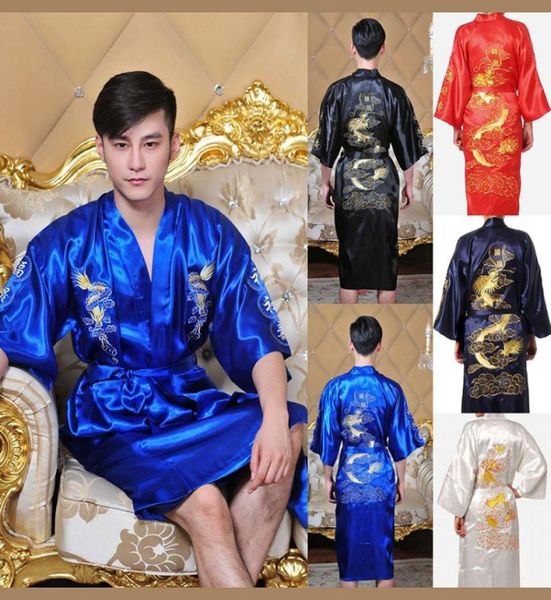 

7colors traditional japanese kimono emboridery dragon robe men nightgown yukata sleepwear satin men039s quimono samurai male9023920, Red
