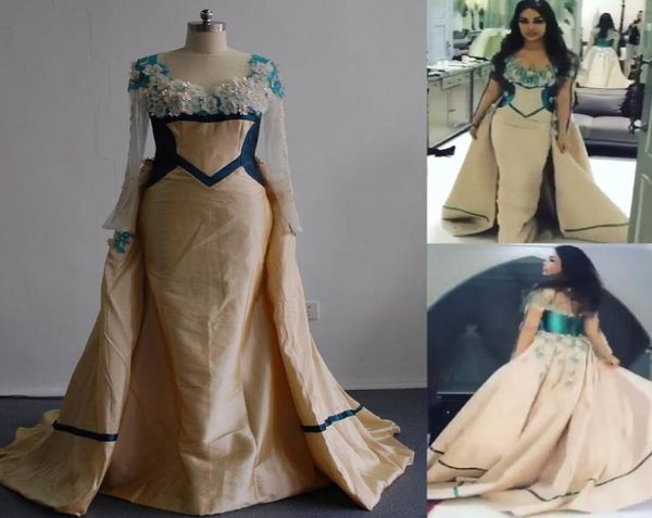 

2017 champagne prom dresses mixtured with green tone mermaid sheer bateau neckline long sleeved evening gowns with detachable puff6902268, Black