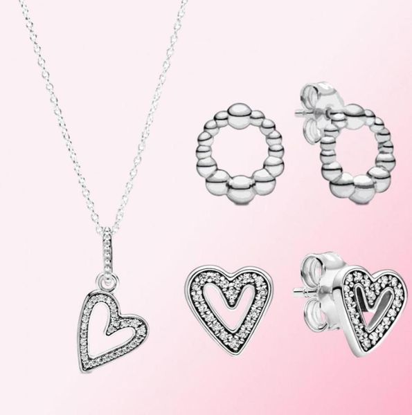 

100 925 sterling silver stud valentine039s day sparkling hand heart beaded circle stud earrings pendant necklace women0348335395736366, Golden;silver