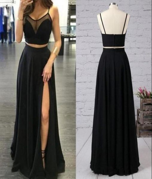 

2019 two pieces prom dress spaghetti straps sheer neck black chiffon long formal evening party gowns with high split floor le2212698