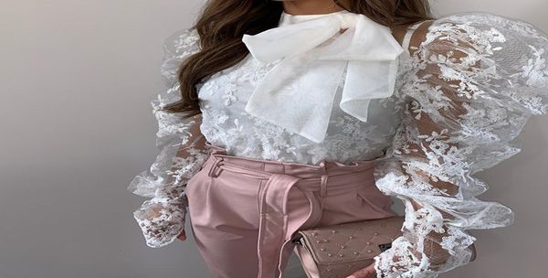 

ruffle blouse women embroidery floral blouse mesh blouse puff sleeve bow collar blusas streetwear white shirt 846220