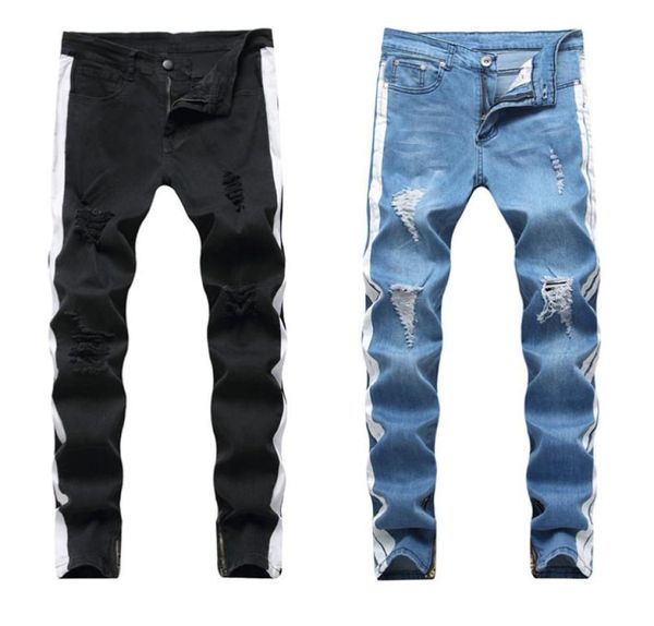 

white stripe on side high street jeans men fashion men039s denim pants cotton black blue9207880, Blue