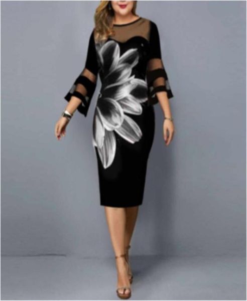 

womens plus size dresses casual flower print mesh patchwork midi lace 34 sleeve party summer dress for wedding clothing4869578, Black
