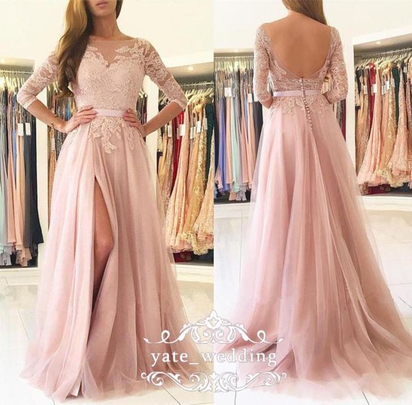 

blush pink prom dresses bateau sheer neck 34 long sleeves lace tulle split side floor length backless evening gowns party dresses2068635, Black
