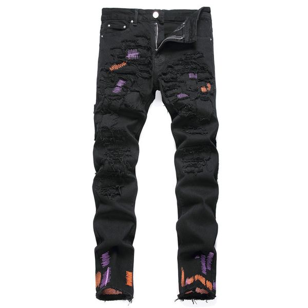 

men's jeans vintage black jeans embroidered trendy elastic slim fit pants versatile men's pants, Blue