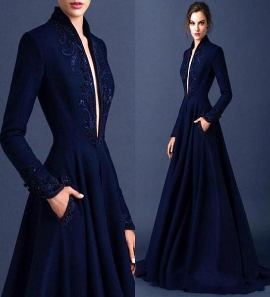 

dark blue modest evening dresses 2015 embroidery long sleeve ruched satin ellie saab dress evening wear full length appliques form6298880, Black;red