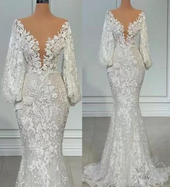 

2022 new long sleeve mermaid wedding dresses sheer neck full lace floral beaded african trumpet fishtail beach aso ebi bridal gown1554805, White