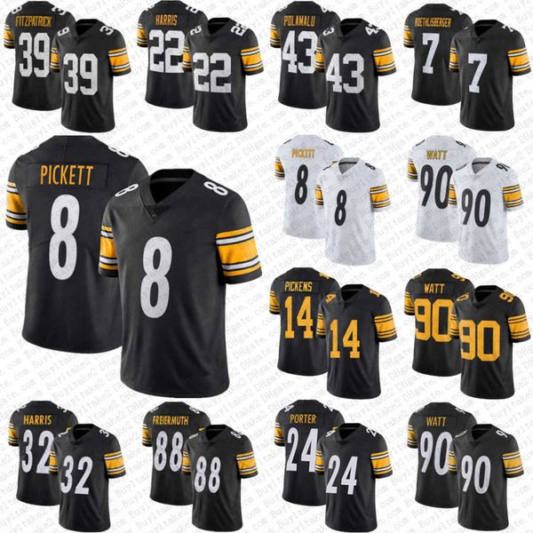 

george pickens 8 kenny pickett tj watt football jersey 24 joey porter jr franco najee harris troy polamalu minkah fitzpatrick pat freiermuth, Black;red