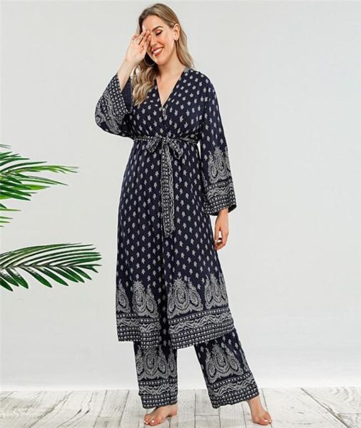 

plus size drs print belted coat pants d6t901234511492510129527923, Black