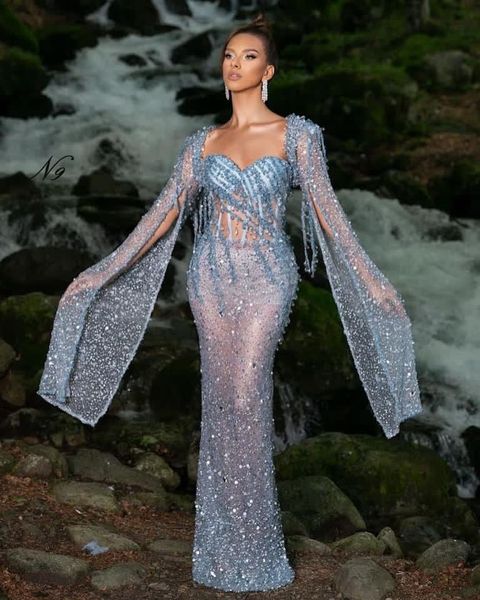

2023 august aso ebi mermaid sky blue prom dress beaded crystals evening formal party second reception birthday engagement gowns dresses robe, Black