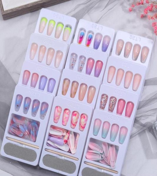 

24 piecesset of long coffin fake nails european rainbow ballerina diy full nail art techniques colorful beauty fake nails4271260, Red;gold