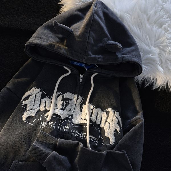 

men's hoodies sweatshirts y2k zipper hoodie devil horn embroidery hooded cardigan street sports sweater men and women retro oversize ja, Black