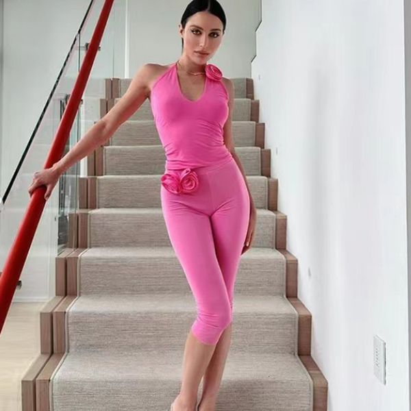 

women s two piece pants handmade flower slim backless undershirt 2023 summer y2k hundred with in long pants fashion suit 230822, White