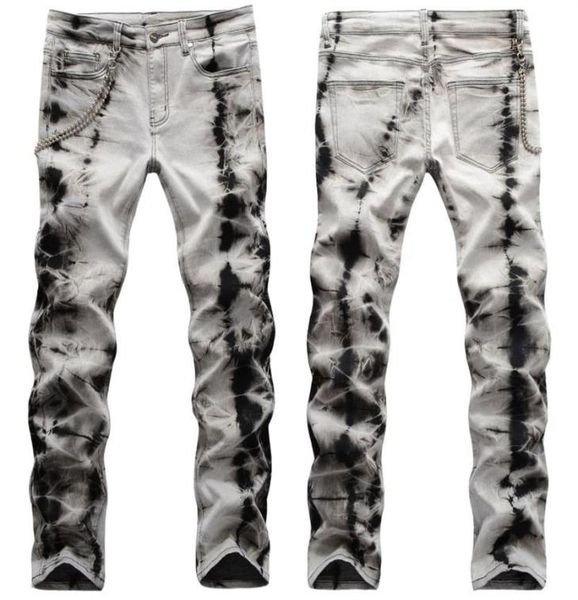 

men039s jeans street fashion hip hop snowflake graphic chain decoration elastic slim jean man pantalon homme noir summer235t3257472, Blue