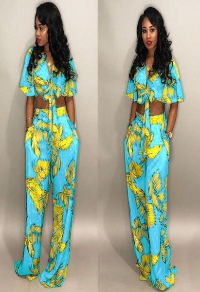 

two piece set women outfits bow tie wide leg pants suits casual clothes floral print matching sets1779172, Gray