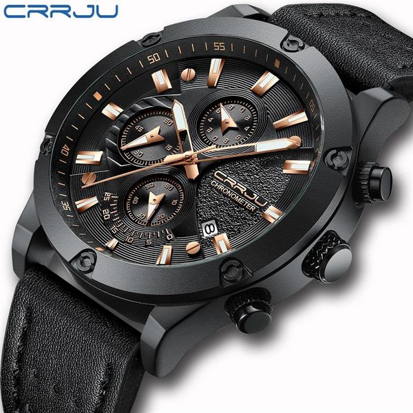 

reloj hombre crrju fashion watch men six-pin chronograph leather waterproof quartz wristwatches men's outdoor sports watches269b, Slivery;brown
