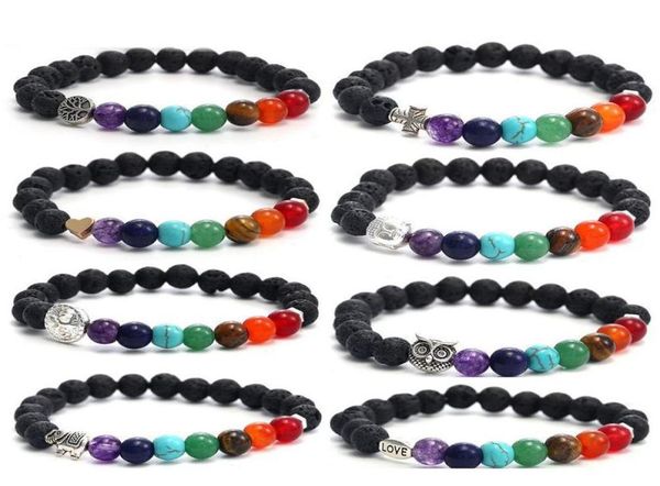 

handmade 8mm 7 chakras natural lava stone beads bracelet for men buddha head tree of life owl elephant charm bracelet fashion jewe4702581, Black