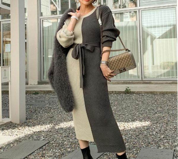 

casual dresses women designers clothes 2021 autumn winter knit pullover sweater oneck colorblock knitted dress loose elastic offi6682084, Black;gray