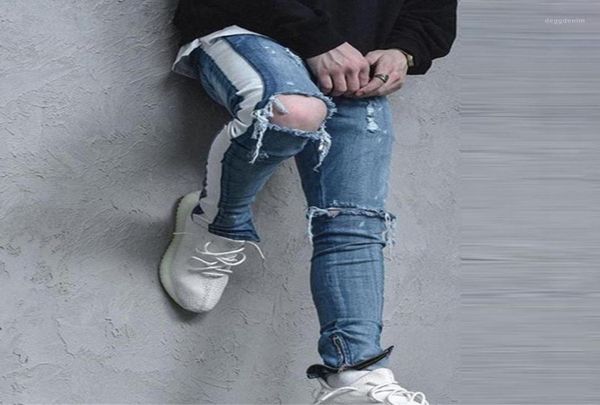 

men039s jeans mens cool designer brand side striped skinny ripped destroyed stretch slim fit hop pants with holes for men13643838, Blue