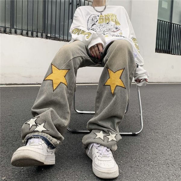 

men's jeans y2k mens retro streetwear hip hop stars straight fairy grunge jeans for men denim pants wide leg oversized alt trousers clo, Blue