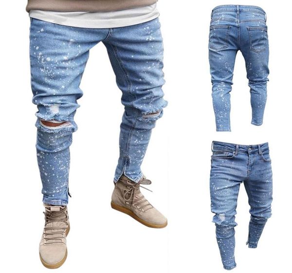 

mens biker demin jeans stretch destroyed ripped pants printed fashion design soft skinny hole jeans for male bottoms1139527, Blue