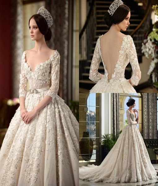 

rami salamoun luxury a line wedding dresses v neck illusion appliques half sleeve vintage wedding dress backless dubai arabic brid2612353, White