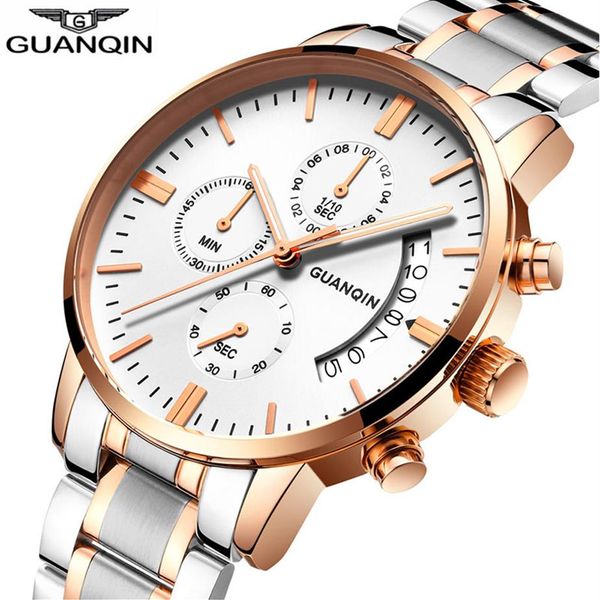

relogio masculino mens watches brand luxury guanqin chronograph luminous clock men sport stainless steel quartz wrist watch268h, Slivery;brown