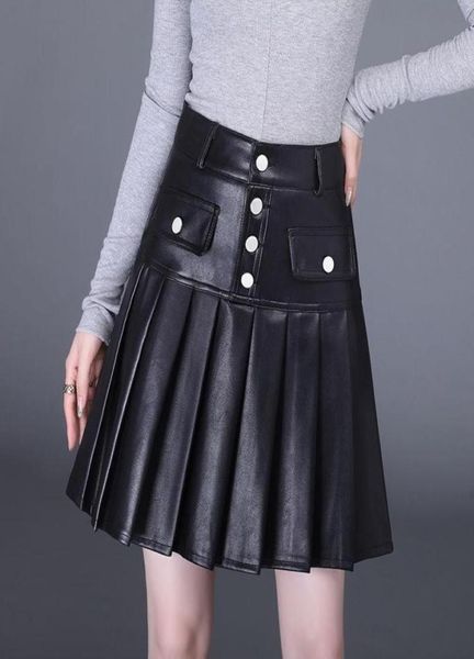 

skirts women 2022 autumn winter high waist aline female mini pleated ladies loose pu leather short t8574406759, Black