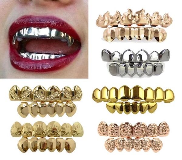 

18k real gold braces punk hip hop teeth grillz dental mouth fang grills up bottom tooth cap cosplay party rapper jewelry gifts who7646869, Black