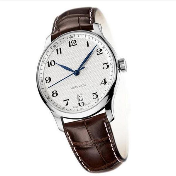 

man watch mechanical automatic watches for men white dial brown leather strap with date 002265a, Slivery;brown