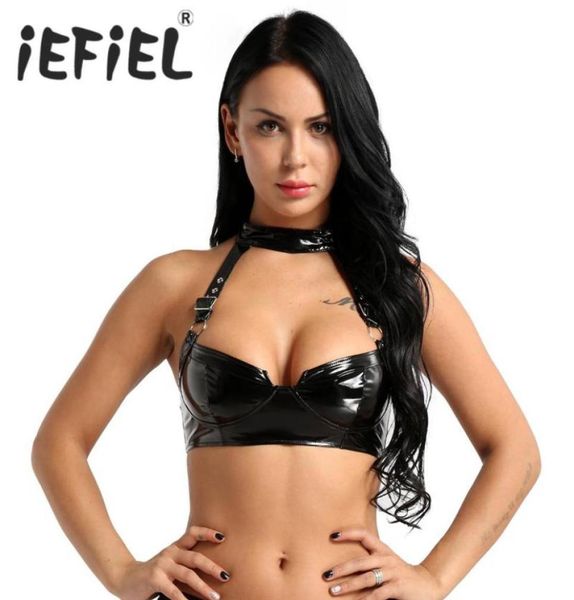 

fashion women lingerie nightwear wet look pu leather halter neck adjustable buckle straps back zippered wire no pad bra 089892, Red;black
