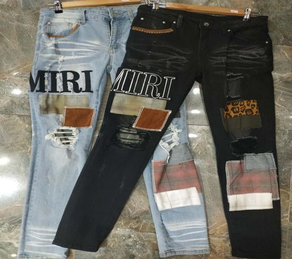

new design winter mens jeans blue designer colour patch spliced ripped high street destroyed denim jeans us size w286567490