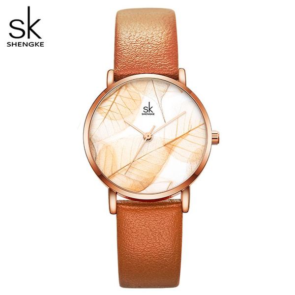 

shengke new women watches creative leaves dial bright leather strap quartz clock fashion casul ladies wristwatch montre femme293v, Slivery;brown