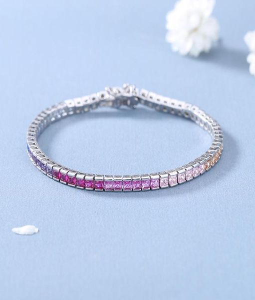

pure silver 175 cm tennis bracelet 4 mm wide square chain with full 2525mm bling rainbow zircon real 925 jewelry for women8592633, Golden;silver