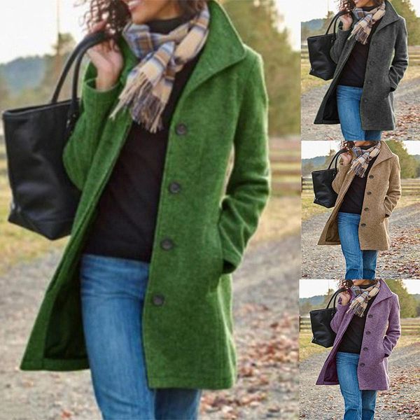 

womens wool blends fallwinter women retro mediumlong solid color woolen coat for long sleeve slim jacket coats 230822, Black