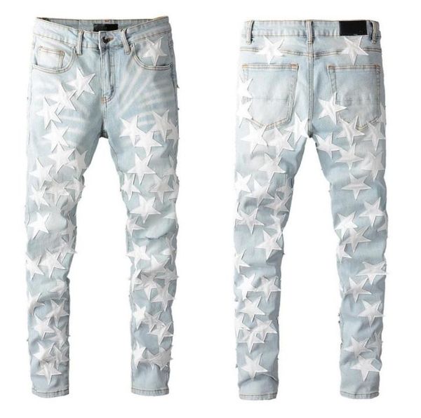 

mens jeans for guys knee ripped slim fit skinny pants star patches wearing biker denim stretch motorcycle male fit trendy long str4121906, Blue