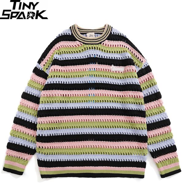 

men's sweaters streetwear retro striped sweater hollow out knitted sweater hip hop ripped pullover men harajuku sweater soft y2k 230822, White;black